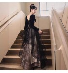 晚裝禮服裙V型方領黑色長裙