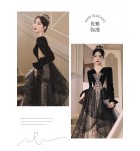 晚裝禮服裙V型方領黑色長裙