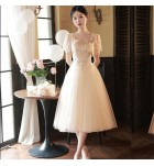 少女禮服裙方領泡泡袖中長裙