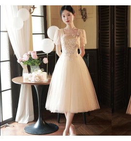 少女禮服裙方領泡泡袖中長裙