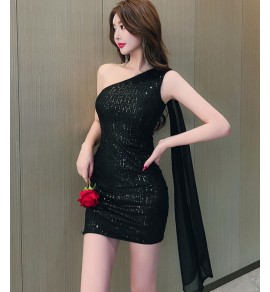 晚裝禮服裙單肩飄帶亮片短裙