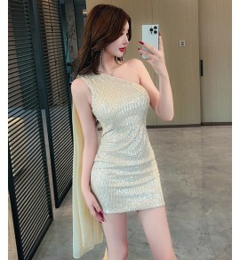 晚裝禮服裙單肩飄帶亮片短裙
