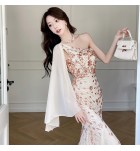 晚裝禮服裙斜肩飄帶亮片魚尾長裙
