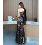 晚裝禮服裙斜肩飄帶亮片魚尾長裙