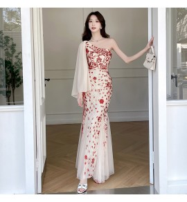 晚裝禮服裙斜肩飄帶亮片魚尾長裙