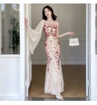晚裝禮服裙斜肩飄帶亮片魚尾長裙