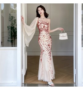 晚裝禮服裙斜肩飄帶亮片魚尾長裙