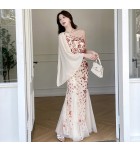 晚裝禮服裙斜肩飄帶亮片魚尾長裙