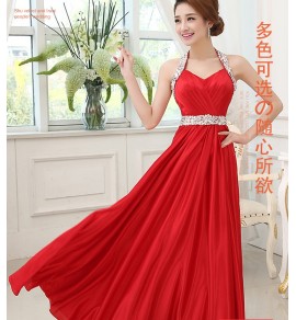 晚裝禮服掛脖露背水鑽宴會長裙
