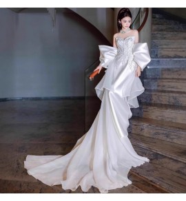 晚裝禮服新娘婚紗緞面魚尾長裙