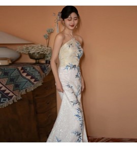 晚裝禮服裙掛脖露肩開叉魚尾長裙