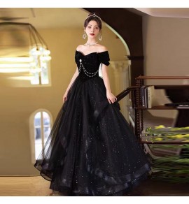 晚裝禮服裙一字肩黑色演出禮服長裙