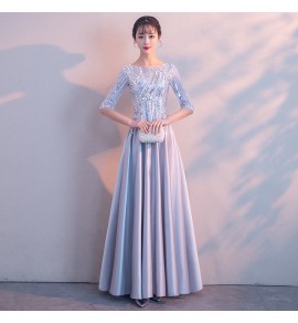 晚裝禮服裙一字領亮片長裙