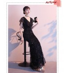 晚裝禮服裙V領黑色魚尾長裙