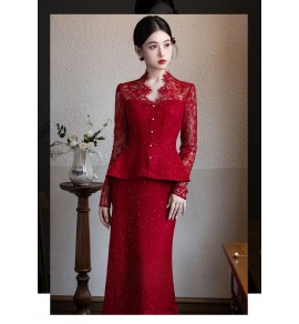 女裝禮服裙酒紅色敬酒服兩件套裝