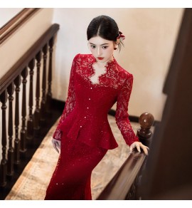 女裝禮服裙酒紅色敬酒服兩件套裝