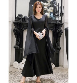 少女禮服裙大尺碼V領飄逸袖長裙