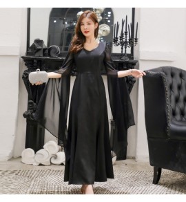 少女禮服裙大尺碼V領飄逸袖長裙