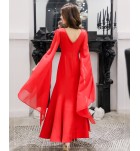 少女禮服裙大尺碼V領飄逸袖長裙