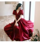 少女禮服裙V領泡泡袖中長裙