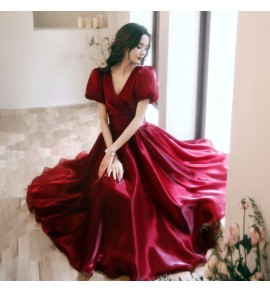 少女禮服裙V領泡泡袖中長裙