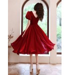 少女禮服裙V領泡泡袖中長裙