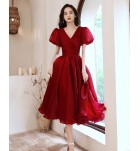 少女禮服裙V領泡泡袖中長裙