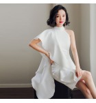 少女禮服裙半高領單肩及膝裙