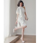 少女禮服裙半高領單肩及膝裙