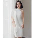 少女禮服裙半高領單肩及膝裙