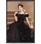 少女禮服裙一字肩泡泡袖黑色長裙