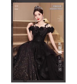 少女禮服裙一字肩泡泡袖黑色長裙