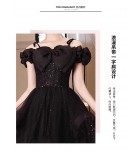少女禮服裙一字肩泡泡袖黑色長裙