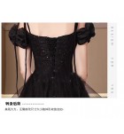 少女禮服裙一字肩泡泡袖黑色長裙