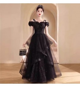 少女禮服裙一字肩泡泡袖黑色長裙