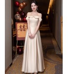少女禮服裙香檳色緞面伴娘服宴會長裙