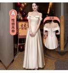 少女禮服裙香檳色緞面伴娘服宴會長裙