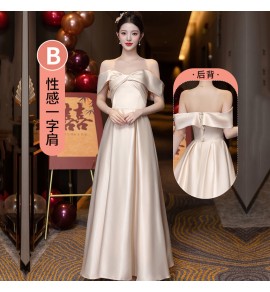 少女禮服裙香檳色緞面伴娘服宴會長裙