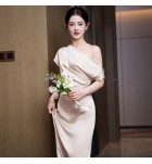 晚裝禮服香檳色緞面宴會長裙