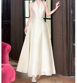 少女禮服裙掛脖深V領露背長裙