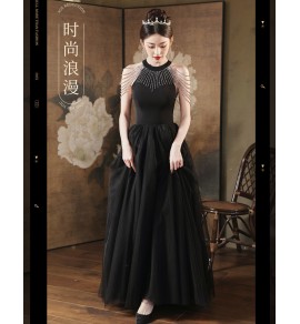 少女禮服裙掛脖流蘇露背長裙