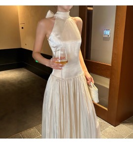 少女禮服裙掛脖露背蝴蝶結長裙