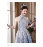 晚裝禮服裙藍色掛脖露肩長裙