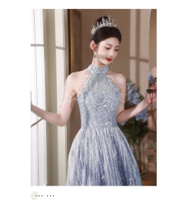 晚裝禮服裙藍色掛脖露肩長裙