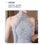 晚裝禮服裙藍色掛脖露肩長裙