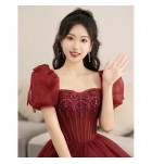 晚裝禮服裙方領泡泡袖長裙