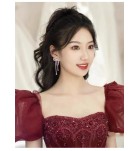 晚裝禮服裙方領泡泡袖長裙