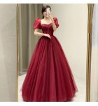 晚裝禮服裙方領泡泡袖長裙