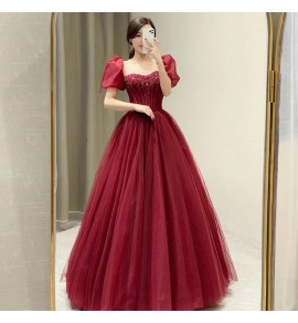 晚裝禮服裙方領泡泡袖長裙