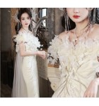 晚裝禮服裙一字肩立體花朵長裙